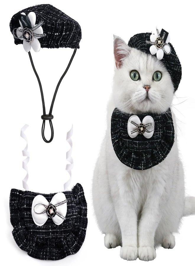 HOWWFALY 2PCS Cat Beret Hat with Camellia, Adjustable Bow Bandana Scarf Set Pet Princess Costume for Halloween Christmas, Cat Dog Birthday Party Apparel (Camellia) - Image 1