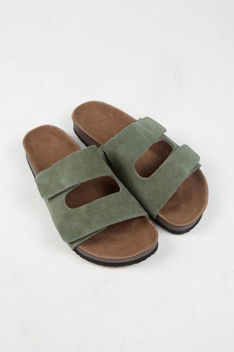 Krahe Robert Men's Genuine Leather Double Strap Velcro Khaki Slippers - Image 5