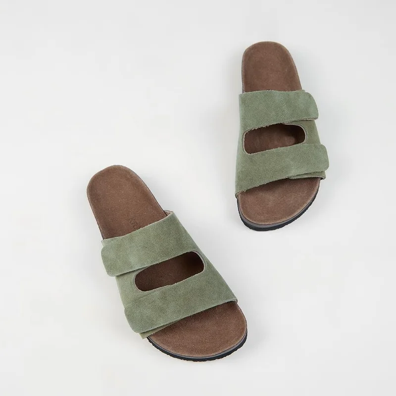 Krahe Krahe Robert Men's Genuine Leather Double Strap Velcro Khaki Slippers