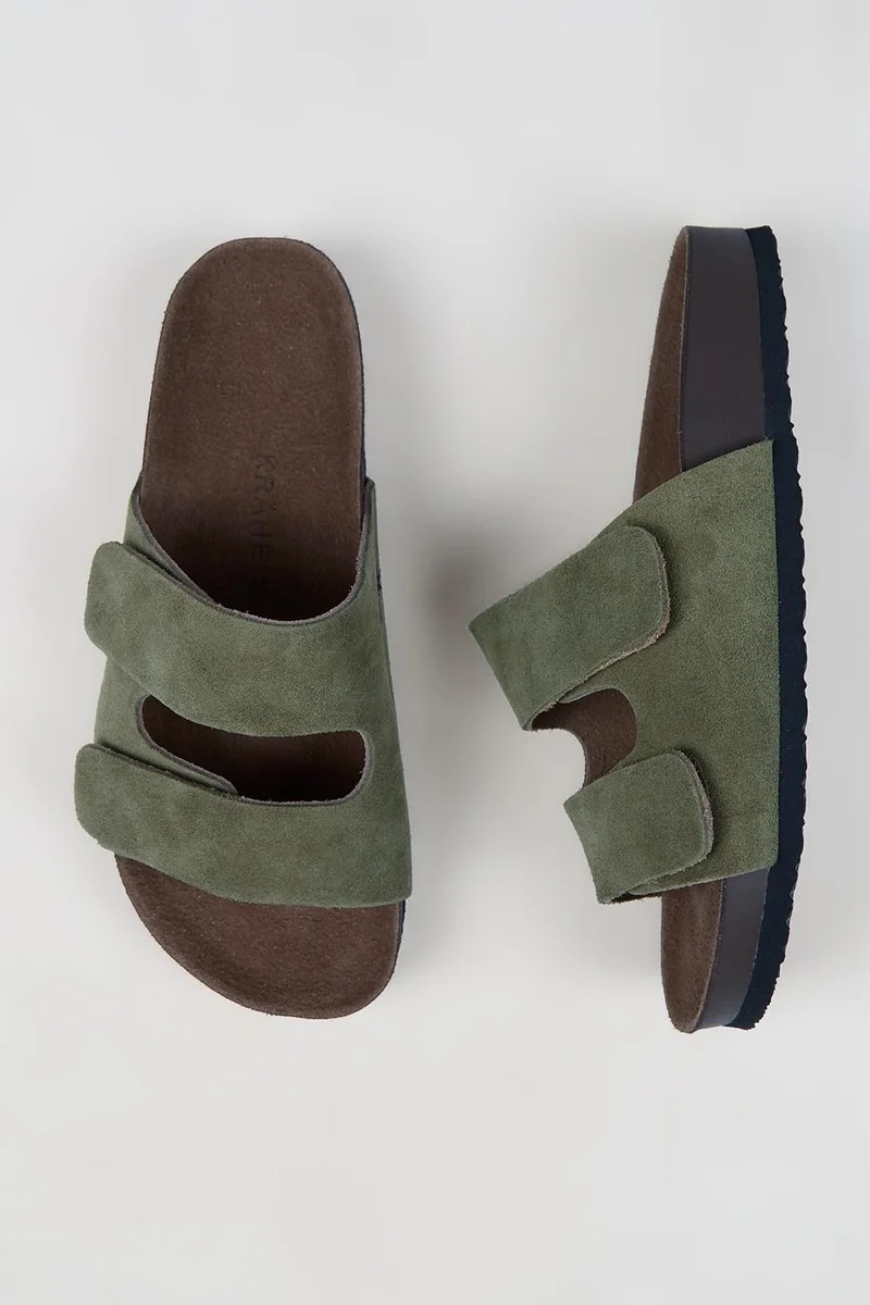Krahe Krahe Robert Men's Genuine Leather Double Strap Velcro Khaki Slippers