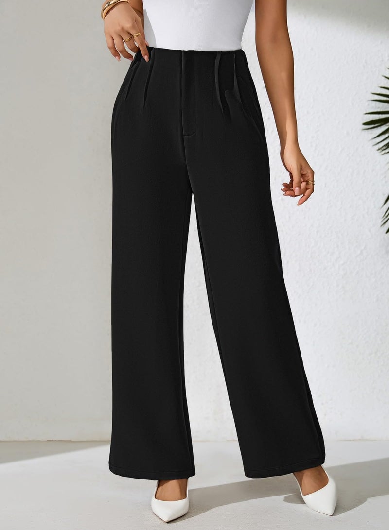 Pink Queen Womens Dress Pants Loose Fit High Waist Slacks for Women Business Casual Curvy Trousers Wide Leg Black Work Slacks Straight Leg Pleated with Pockets Black L - Image 5
