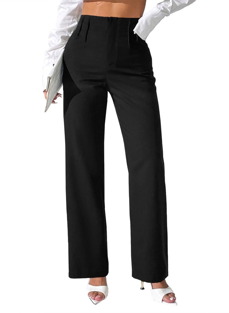 Pink Queen Womens Dress Pants Loose Fit High Waist Slacks for Women Business Casual Curvy Trousers Wide Leg Black Work Slacks Straight Leg Pleated with Pockets Black L - Image 1