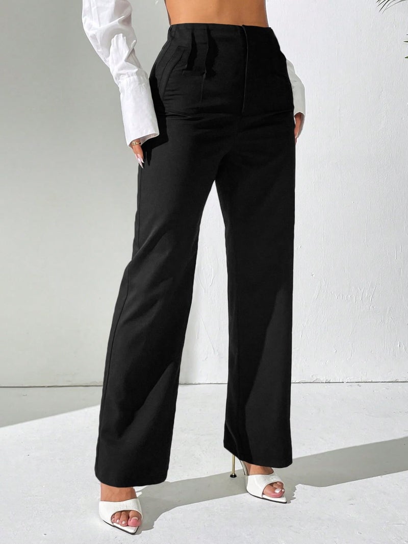 Pink Queen Womens Dress Pants Loose Fit High Waist Slacks for Women Business Casual Curvy Trousers Wide Leg Black Work Slacks Straight Leg Pleated with Pockets Black L - Image 3