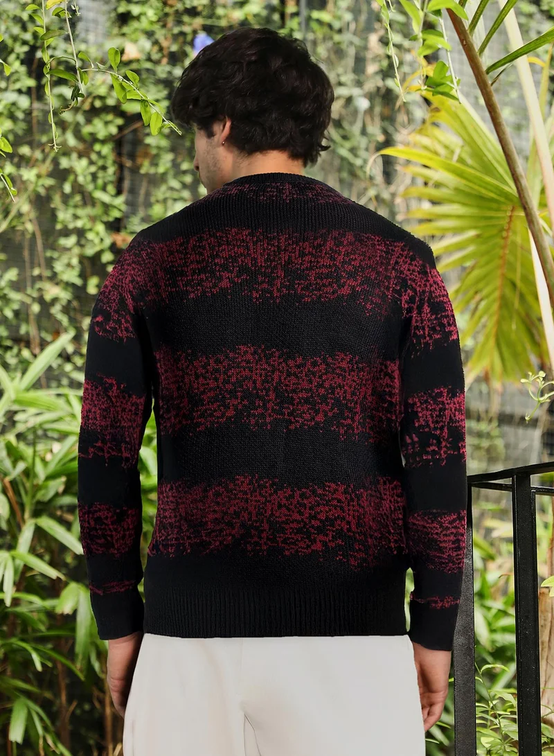 CAHOOT  Men Ditsy-Panel Pullover Sweater | Crew Neck, Long Ribbed Cuff Sleeves | Pull On , Ribbed-Straight Hem | Abstract Jacquard | Knitted Fabric For Casual & Daily Wear | Crimson Red for Men | Best Price UAE