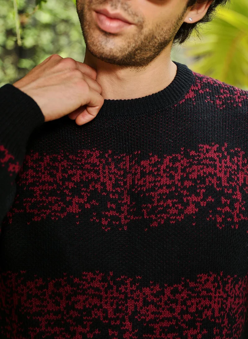 CAHOOT  Men Ditsy-Panel Pullover Sweater | Crew Neck, Long Ribbed Cuff Sleeves | Pull On , Ribbed-Straight Hem | Abstract Jacquard | Knitted Fabric For Casual & Daily Wear | Crimson Red for Men | Best Price UAE
