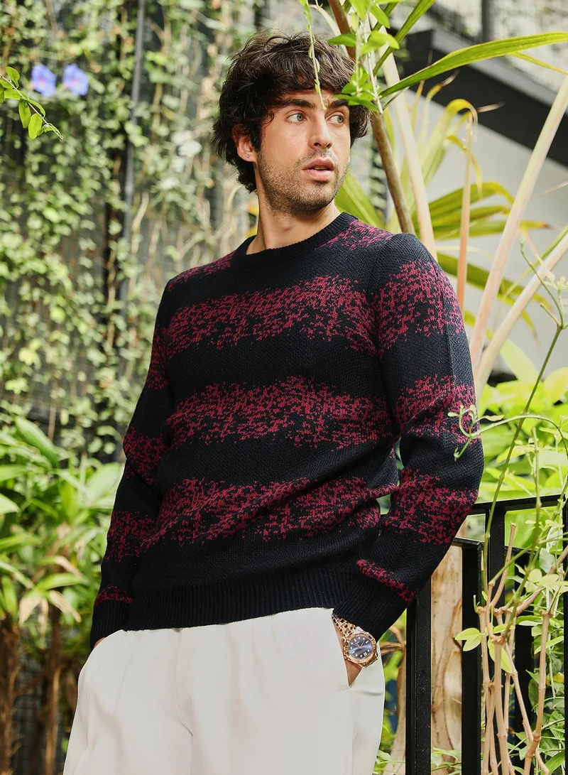CAHOOT  Men Ditsy-Panel Pullover Sweater | Crew Neck, Long Ribbed Cuff Sleeves | Pull On , Ribbed-Straight Hem | Abstract Jacquard | Knitted Fabric For Casual & Daily Wear | Crimson Red for Men | Best Price UAE