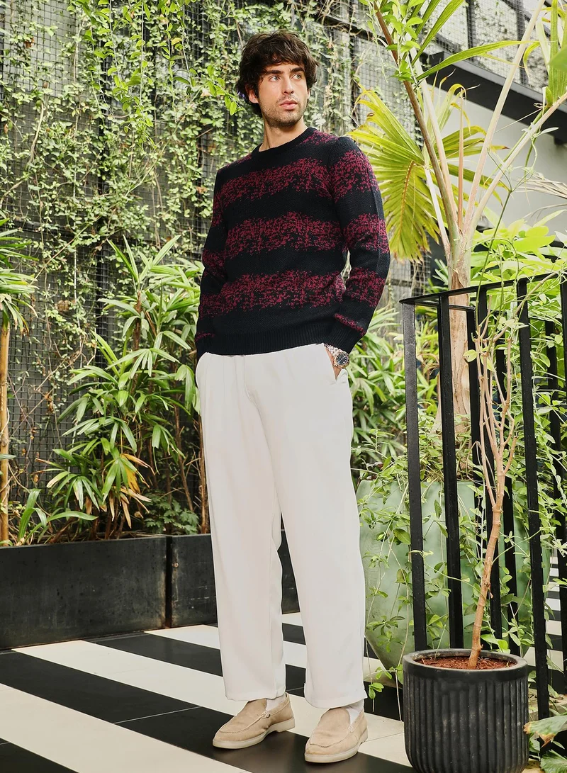CAHOOT  Men Ditsy-Panel Pullover Sweater | Crew Neck, Long Ribbed Cuff Sleeves | Pull On , Ribbed-Straight Hem | Abstract Jacquard | Knitted Fabric For Casual & Daily Wear | Crimson Red for Men | Best Price UAE