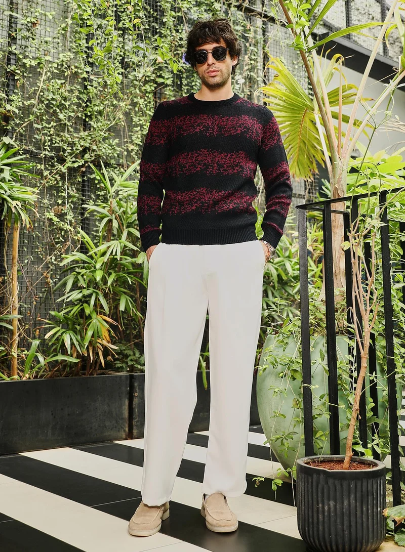 CAHOOT  Men Ditsy-Panel Pullover Sweater | Crew Neck, Long Ribbed Cuff Sleeves | Pull On , Ribbed-Straight Hem | Abstract Jacquard | Knitted Fabric For Casual & Daily Wear | Crimson Red for Men | Best Price UAE