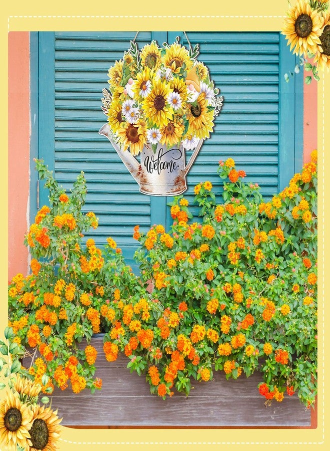 Queekay Summer Sunflower Welcome Sign for Front Door Wooden Summer Door Hanging Wreaths Watering Can Sunflower Decorations 11.8 x 11.8 Inch Wall Art Decor for Indoor Outdoor Home Kitchen Party - Image 2
