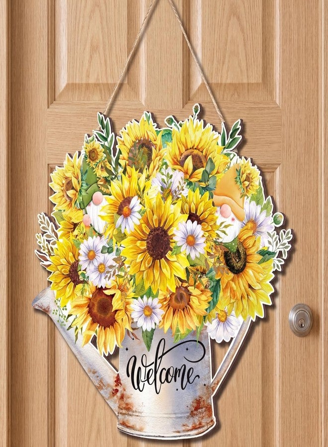 Queekay Summer Sunflower Welcome Sign for Front Door Wooden Summer Door Hanging Wreaths Watering Can Sunflower Decorations 11.8 x 11.8 Inch Wall Art Decor for Indoor Outdoor Home Kitchen Party - Image 1