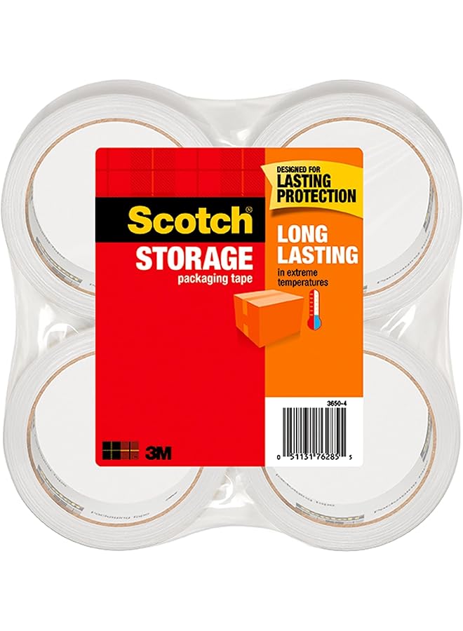 Scotch  Scotch Long Lasting Storage Packaging Tape, 1.88" x 54.6 yd, Designed for Storage and Packing, Stays Sealed in Weather Extremes, 3" Core, Clear, 4 Rolls (3650-4)  - Image 1