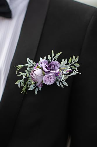 PartyforU Purple Boutonniere for Men - Handmade Pocket Boutonnieres for Best Men Rustic Corsages for Woodland Wedding Ceremony Anniversary Prom Formal Dinner Party - Image 3