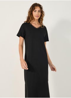 Styli LACE TRIM V NECK SIDE SLIT NIGHTDRESS - MIDI  - Image 3