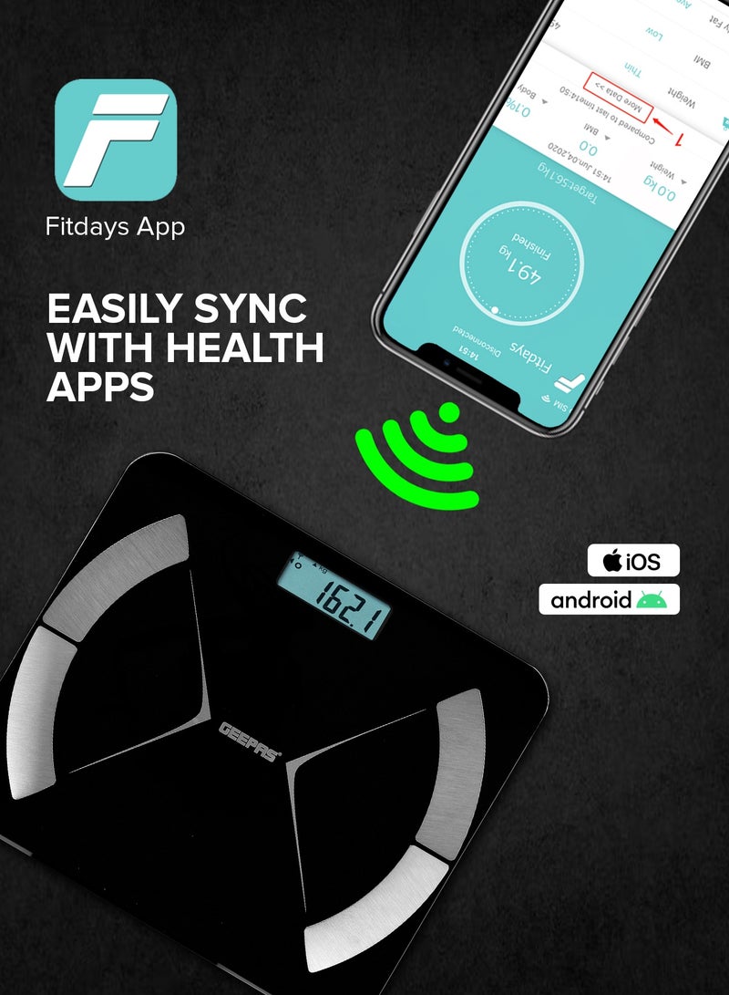 GEEPAS Smart Body Fat Scale With Tempered Glass Platform and Anti Slip Feet | Connects with Android and IOS | Includes Weight, Visceral Fate, Body Fat Rate, BMR, BMI, Body Water, Protein, Body Age, Etc - Image 3