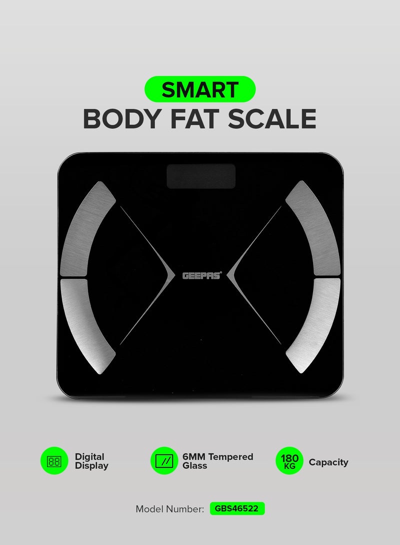 GEEPAS Smart Body Fat Scale With Tempered Glass Platform and Anti Slip Feet | Connects with Android and IOS | Includes Weight, Visceral Fate, Body Fat Rate, BMR, BMI, Body Water, Protein, Body Age, Etc - Image 1