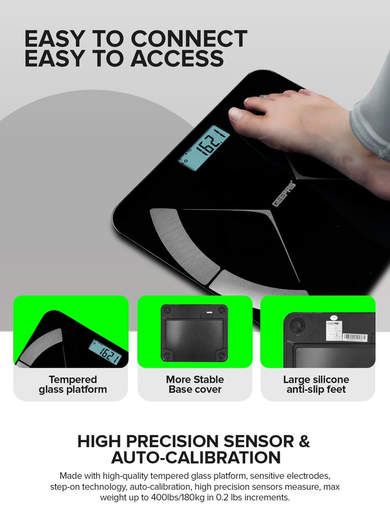 GEEPAS Smart Body Fat Scale With Tempered Glass Platform and Anti Slip Feet | Connects with Android and IOS | Includes Weight, Visceral Fate, Body Fat Rate, BMR, BMI, Body Water, Protein, Body Age, Etc - Image 5