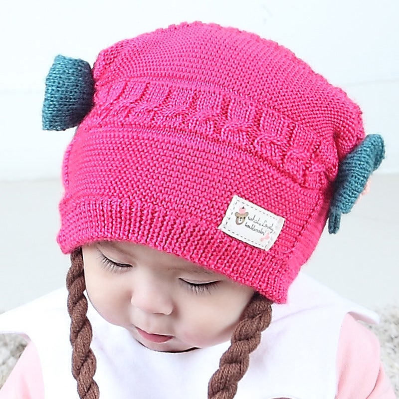 New Baby Knit Hat with Braids Winter Thickened Cap Red + scarf  - Image 3