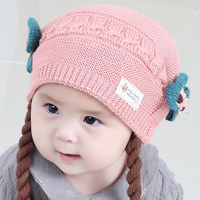 New Baby Knit Hat with Braids Winter Thickened Cap Red + scarf  - Image 2