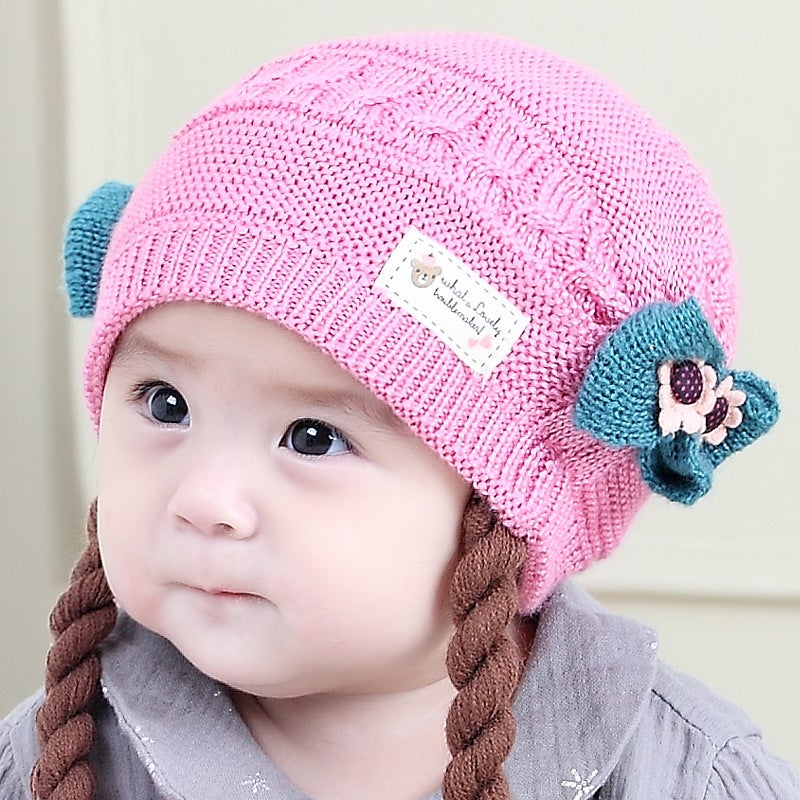 New Baby Knit Hat with Braids Winter Thickened Cap Red + scarf  - Image 4