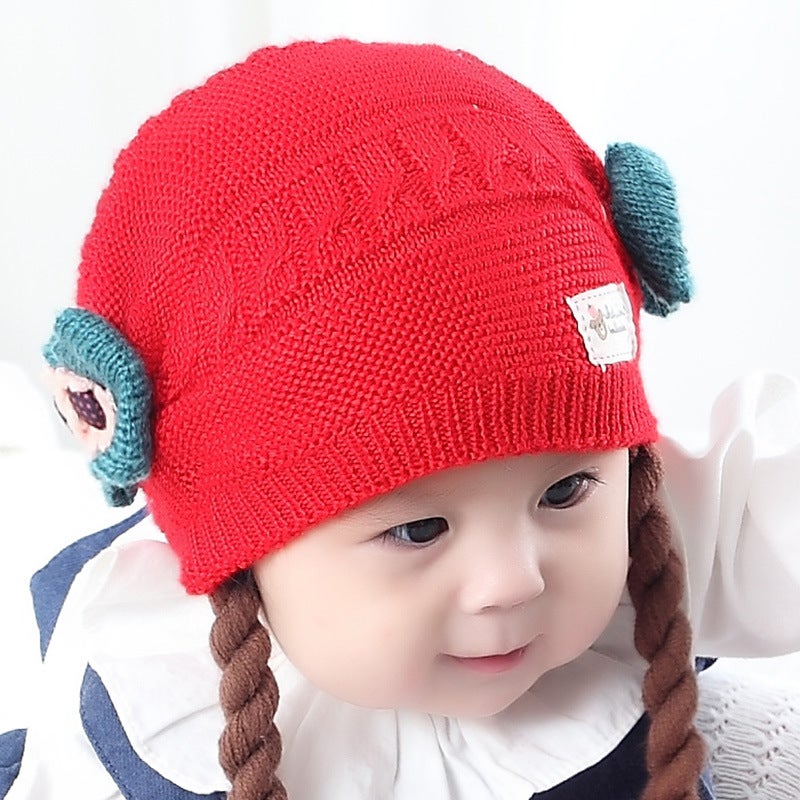 New Baby Knit Hat with Braids Winter Thickened Cap Red + scarf  - Image 5
