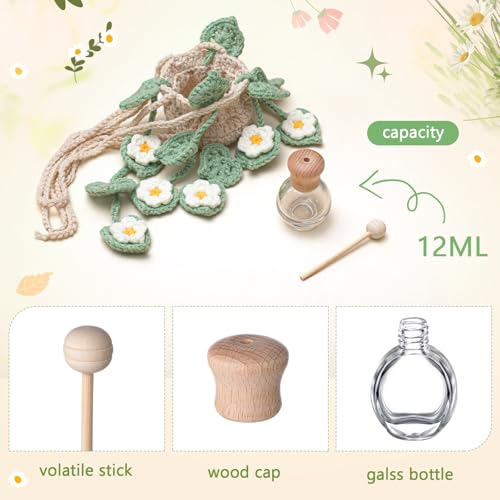 DaisyInner Cute Crochet Plant Car Freshener 12ml Empty Refillable Diffuser Bottle with Plants Hanging Accessories for Mother's Day Rearview Mirror Home Office Decor Women Gifts(Daisy) - Image 5