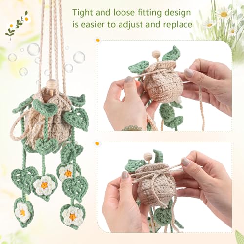 DaisyInner Cute Crochet Plant Car Freshener 12ml Empty Refillable Diffuser Bottle with Plants Hanging Accessories for Mother's Day Rearview Mirror Home Office Decor Women Gifts(Daisy) - Image 4