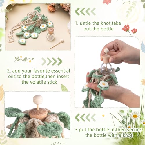 DaisyInner Cute Crochet Plant Car Freshener 12ml Empty Refillable Diffuser Bottle with Plants Hanging Accessories for Mother's Day Rearview Mirror Home Office Decor Women Gifts(Daisy) - Image 3