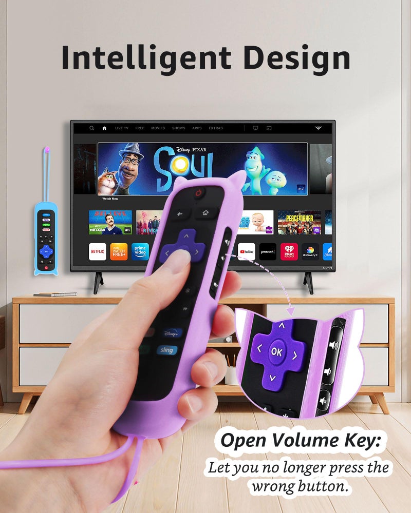 OneBom 2Pack ONEBOM Cover for Roku Remote with Cat Ears Design, Silicone Skin Case Compatible with Hisense/TCL Roku TV, Steaming Stick/Express, Universal Replacement Controller. Glow in The Dark, Blue/Purple - Image 4