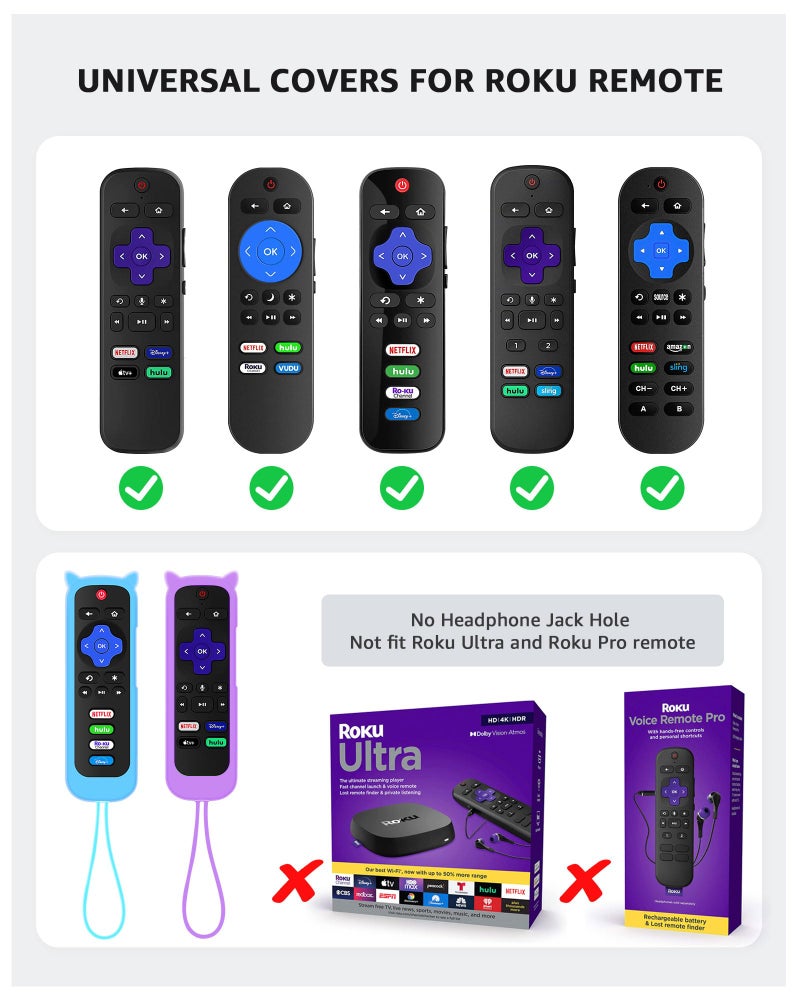 OneBom 2Pack ONEBOM Cover for Roku Remote with Cat Ears Design, Silicone Skin Case Compatible with Hisense/TCL Roku TV, Steaming Stick/Express, Universal Replacement Controller. Glow in The Dark, Blue/Purple - Image 2