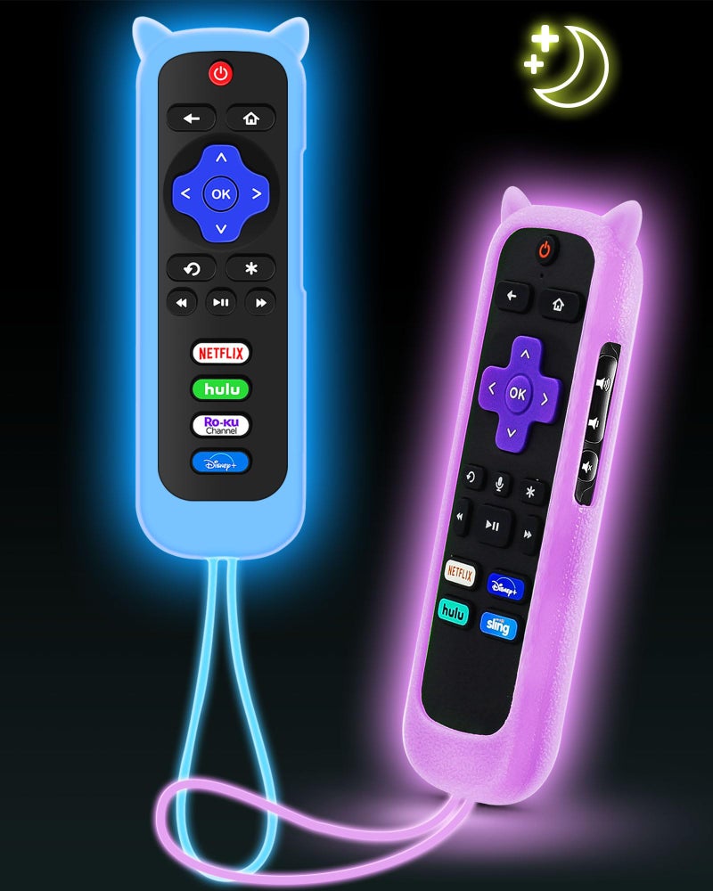 OneBom 2Pack ONEBOM Cover for Roku Remote with Cat Ears Design, Silicone Skin Case Compatible with Hisense/TCL Roku TV, Steaming Stick/Express, Universal Replacement Controller. Glow in The Dark, Blue/Purple - Image 1
