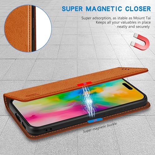 ZZXX for iPhone 16 Pro Max Wallet Case with [RFID Blocking] Card Slot Stand Strong Magnetic Leather Flip Fold Protective Phone Case for iPhone 16 Pro Max Case Wallet(Brown-6.9 inch) - Image 3