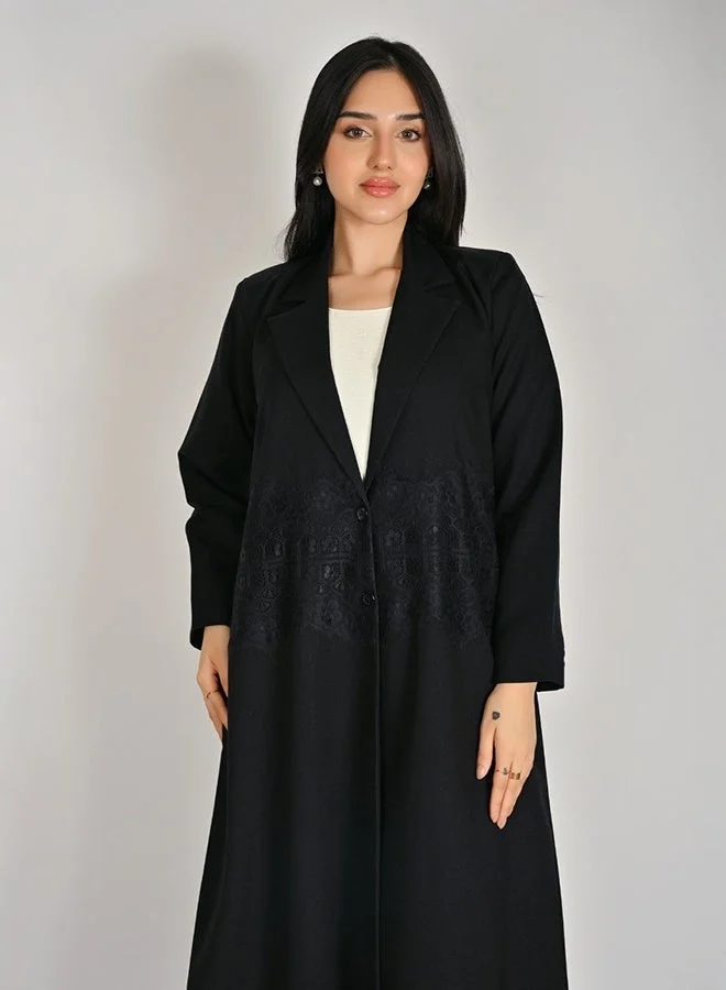 Hawraa Abaya Elegant Black Blazer-Style Abaya with Sophisticated Lace Detailing