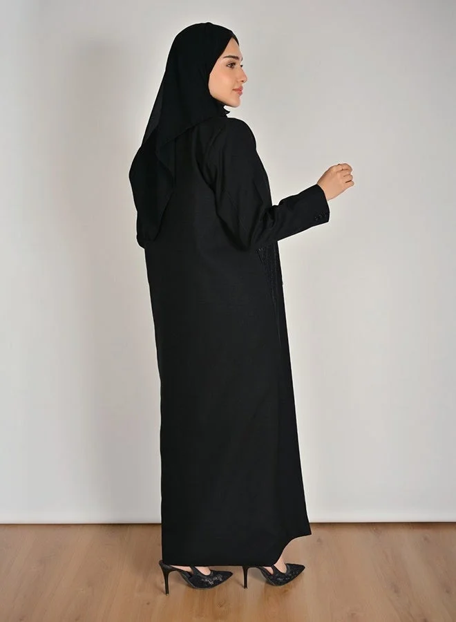 Hawraa Abaya Elegant Black Blazer-Style Abaya with Sophisticated Lace Detailing