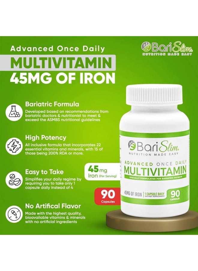 Bari Slim كبسولة متعددة الفيتامينات المتقدمة مرة واحدة يوميًا لجراحة السمنة - 45 ملغ من الحديد - فيتامين لجراحة السمنة بعد جراحة تحويل المسار وجرح المعدة | إمداد لمدة 90 يومًا - Image 3