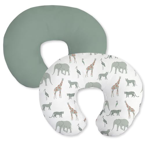 Little Grape Land Nursing Pillow Covers 2 Pack, Soft & Breathable Removable Breastfeeding Pillows Covers for Feeding Pillows, Nursing Pillow Slipcover for Baby Girls Boys, (Safari & Green)