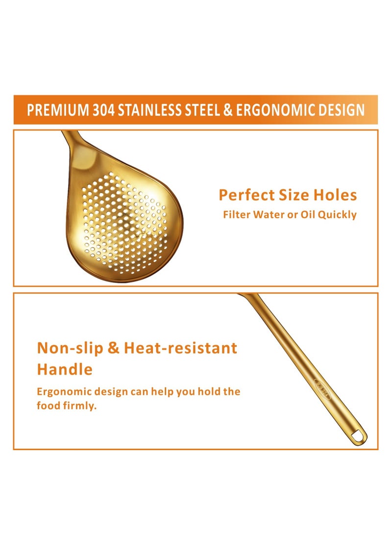 SYOSI Large Gold Serving Slotted Spoon, 304 Stainless Steel Set, Stainless Steel Soup Ladle Spoon, Metal Gravy Ladle, Solid Slotted Spoon for Mixing, Serving, Stirring, Salad, Soup (14 Inch) - Image 4