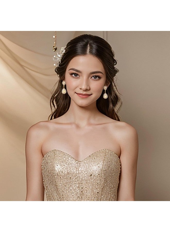 BriLove أقراط متدلية بلون الذهب للنساء لحفلات الزفاف والأعراس موضة كريستال على شكل قطرة ماء لانهائية بلون الشمبانيا. - Image 3