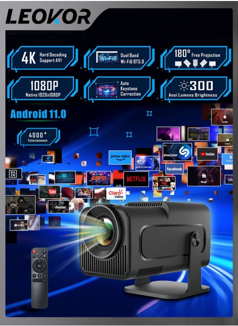 HY320 Mini Portable Projector,4K FHD Natvie 1080P Smart Projector 390ANSI with WiFi 6,BT 5.0,180 Degree Rotation,Automatic Keystone Correction,Integrated Android 11.0 Compatible With Home Theater(Black)
