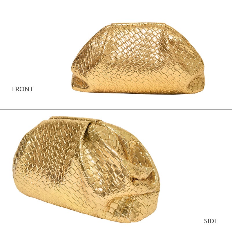 PHILOMENA Women's Woven Evening Bag Vegan Leather Clutch Purse Dumpling Ruched Bag Party Wedding Elegant Handbags (Gold) - Image 3
