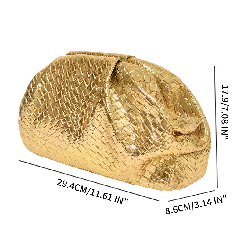PHILOMENA Women's Woven Evening Bag Vegan Leather Clutch Purse Dumpling Ruched Bag Party Wedding Elegant Handbags (Gold) - Image 4