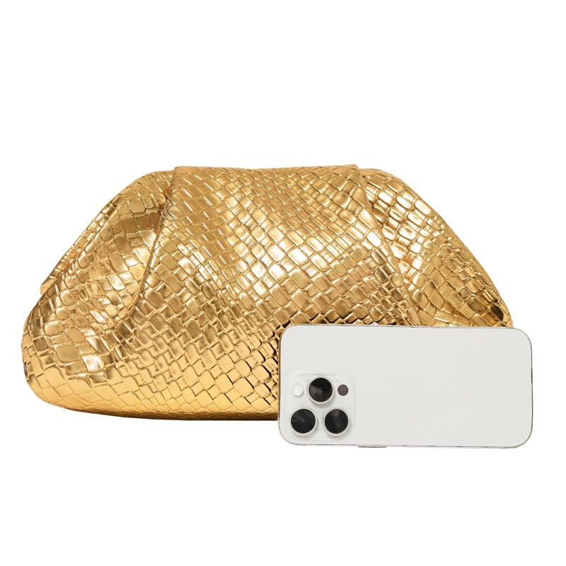 PHILOMENA Women's Woven Evening Bag Vegan Leather Clutch Purse Dumpling Ruched Bag Party Wedding Elegant Handbags (Gold) - Image 5