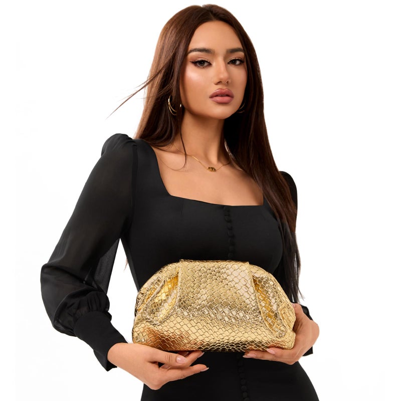PHILOMENA Women's Woven Evening Bag Vegan Leather Clutch Purse Dumpling Ruched Bag Party Wedding Elegant Handbags (Gold) - Image 2