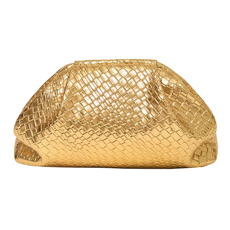PHILOMENA Women's Woven Evening Bag Vegan Leather Clutch Purse Dumpling Ruched Bag Party Wedding Elegant Handbags (Gold) - Image 1