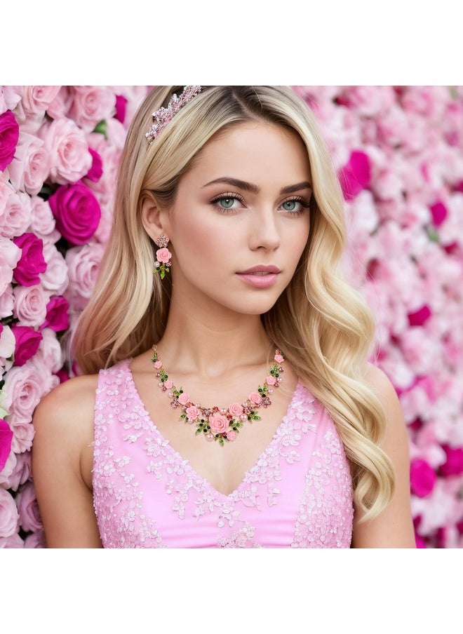 EVER FAITH Women'S Crystal Simulated Pearl Pink Rose Flower Leaf Necklace Pierced Earrings Set Gold-Tone  - Image 2