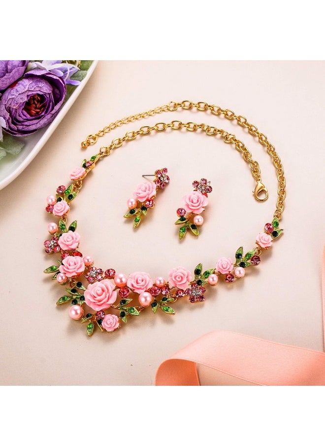 EVER FAITH Women'S Crystal Simulated Pearl Pink Rose Flower Leaf Necklace Pierced Earrings Set Gold-Tone  - Image 4