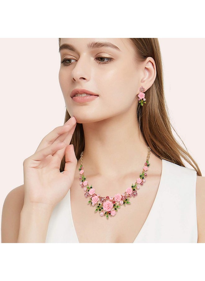 EVER FAITH Women'S Crystal Simulated Pearl Pink Rose Flower Leaf Necklace Pierced Earrings Set Gold-Tone  - Image 3