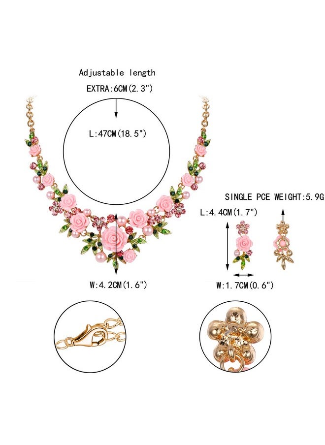 EVER FAITH Women'S Crystal Simulated Pearl Pink Rose Flower Leaf Necklace Pierced Earrings Set Gold-Tone  - Image 5