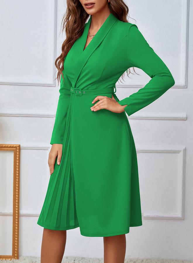 Take Two Green A-Line Belted Pleated Midi Dress With Shawl Collar - Image 3