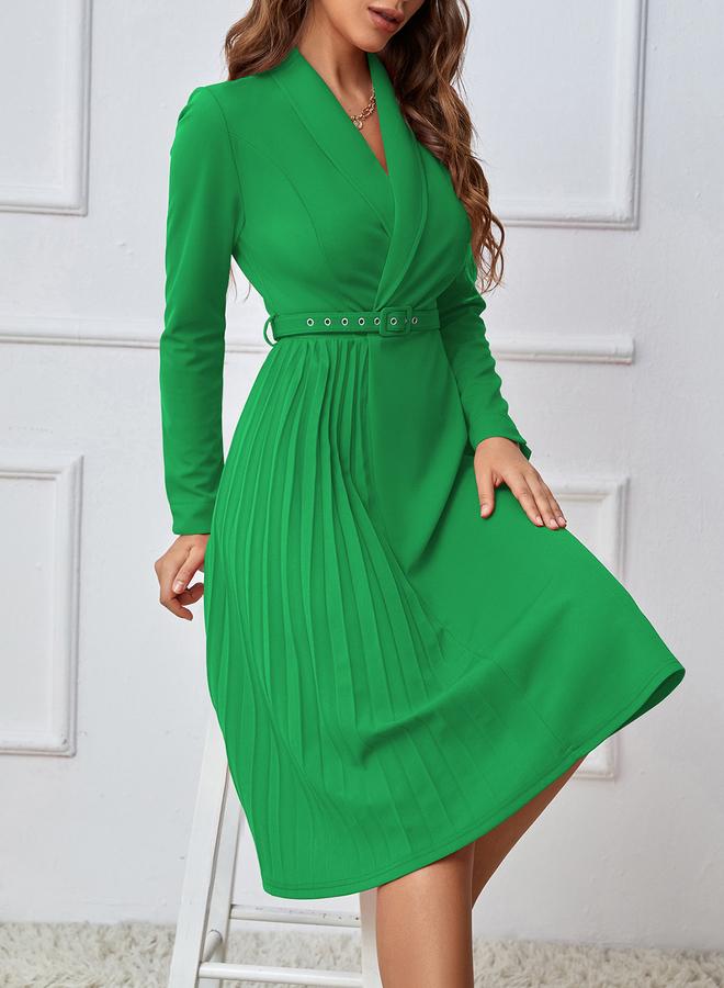 Take Two Green A-Line Belted Pleated Midi Dress With Shawl Collar - Image 5