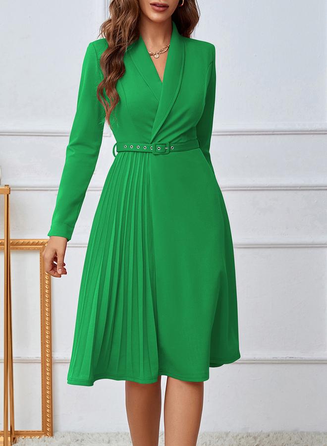 Take Two Green A-Line Belted Pleated Midi Dress With Shawl Collar - Image 1